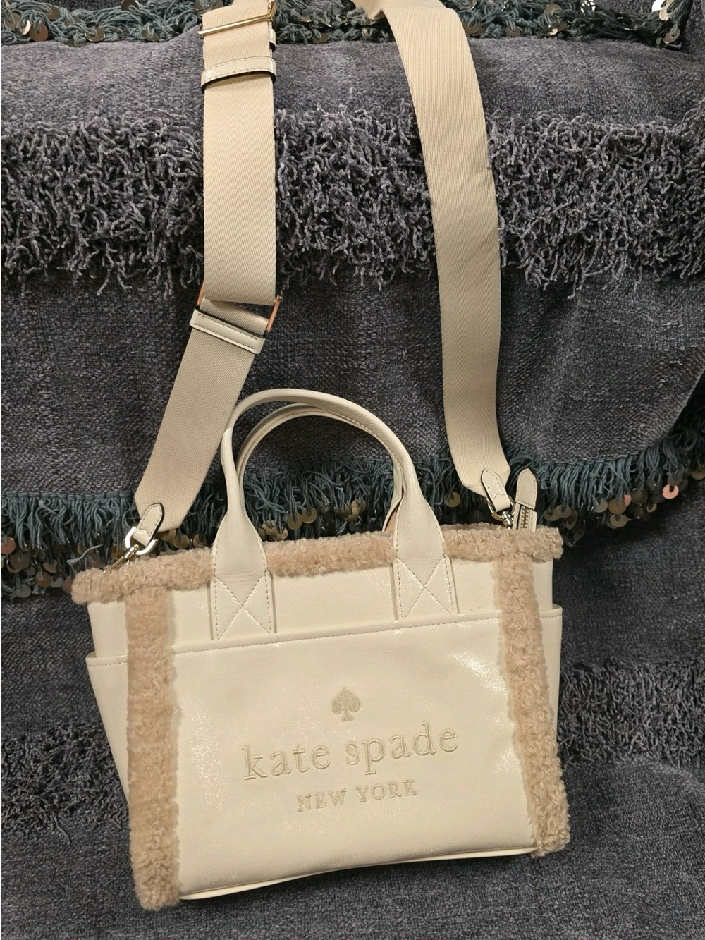 kate spade Cream Leather Sherpa-Trim Crossbody Tote